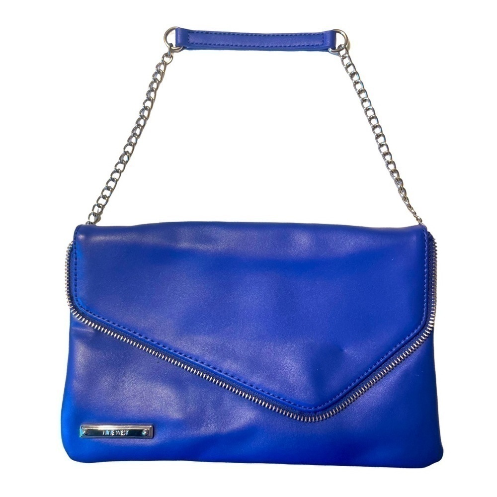 Nine WEST Blue Silver Zipper Clutch Handbag.